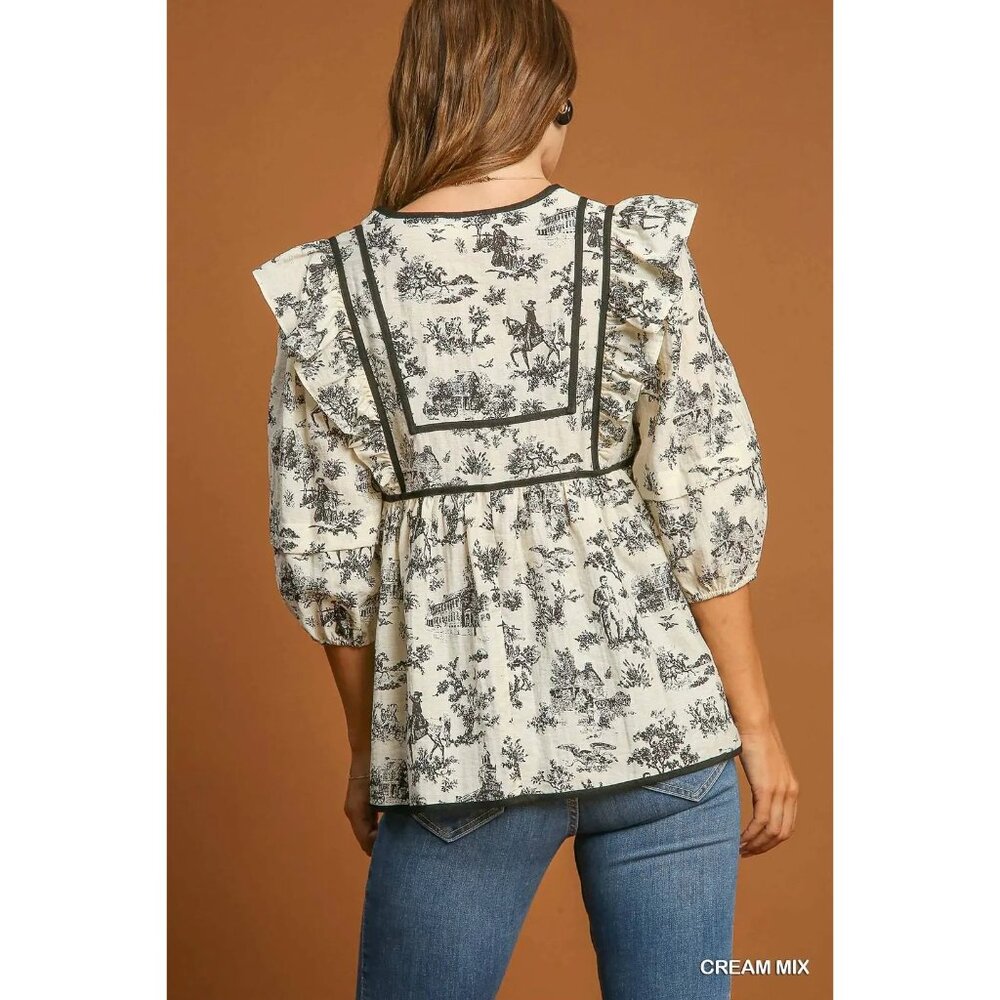 NWT Umgee V-Neck Babydoll Cream/Black Toile Top~Ruffle Detail~Puff Sleeves SMALL - Picture 4 of 6